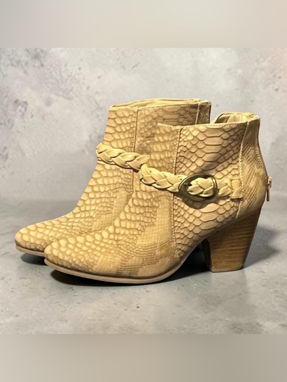 BareTraps Tan Braided Strap Snake-Embossed Ankle Boots